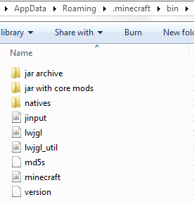 Your Minecraft bin folder should look like this